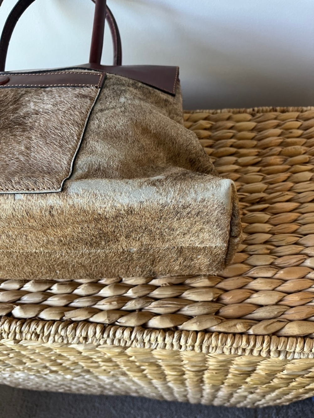 Large Foldover Leather & Haircalf Tote Bag - Picture 3 of 6